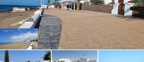 On the beach, sun-loungers