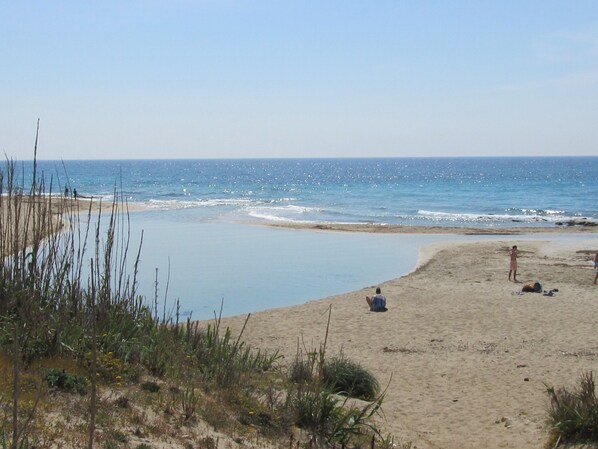 Ranta lähistöllä, aurinkotuoleja, rantapyyhkeitä