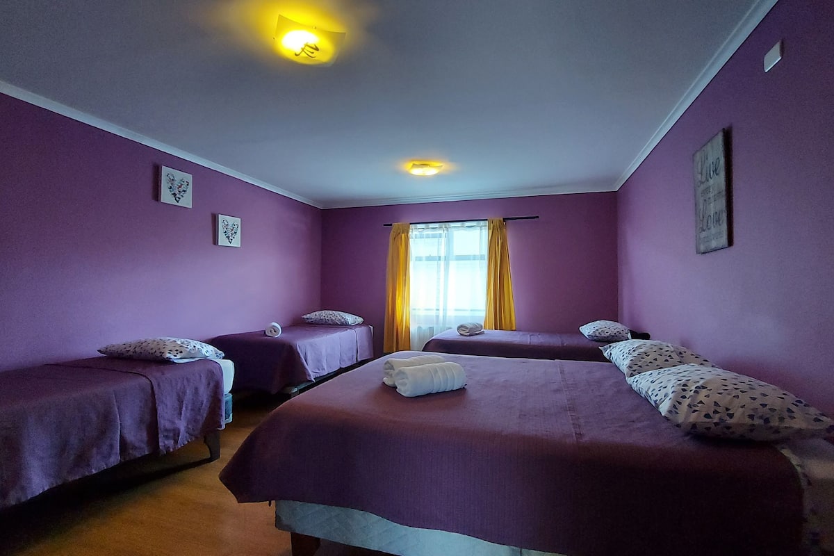 A room with purple walls, two beds with matching bedding, a window with yellow curtains, and a ceiling light.