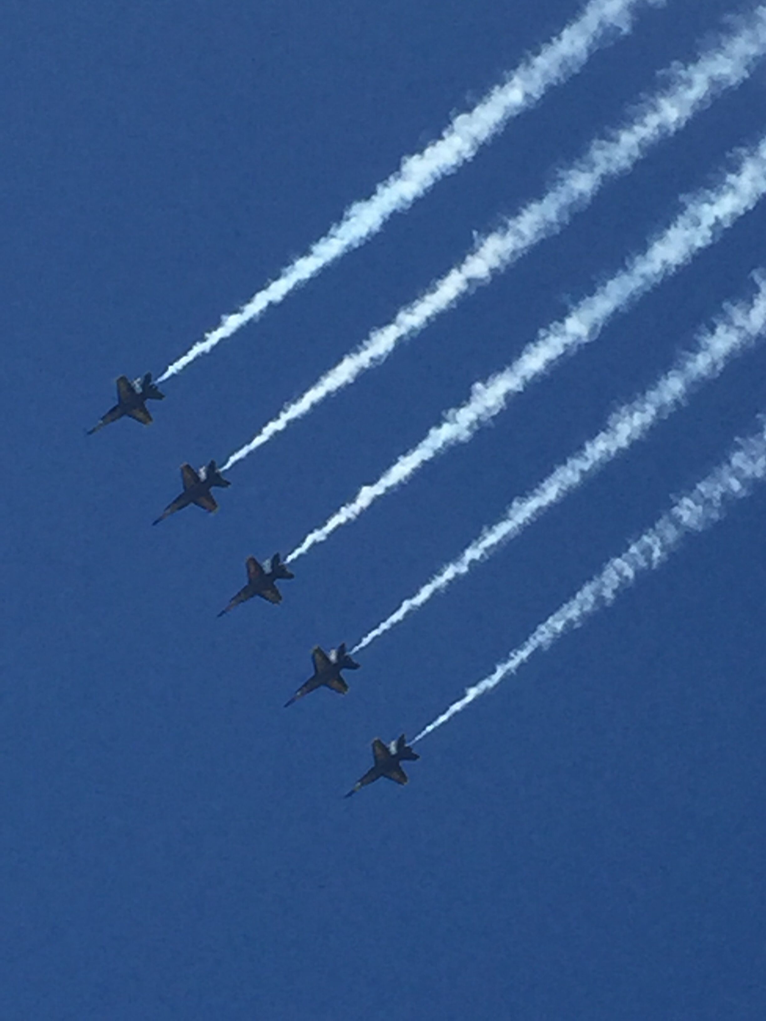 A clear blue sky with five jets flying in formation, leaving white smoke trails.