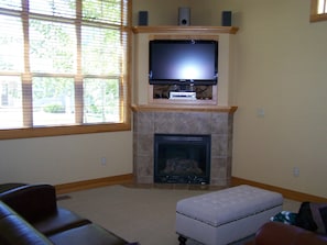 TV connectée, cheminée, lecteur de DVD, livres