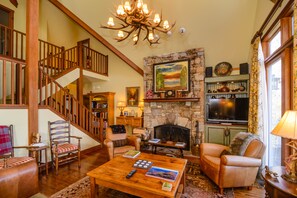 Smart TV, fireplace, books