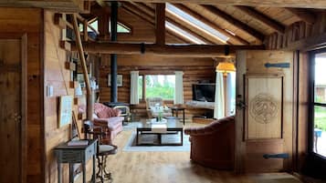 Smart TV, fireplace, books, stereo