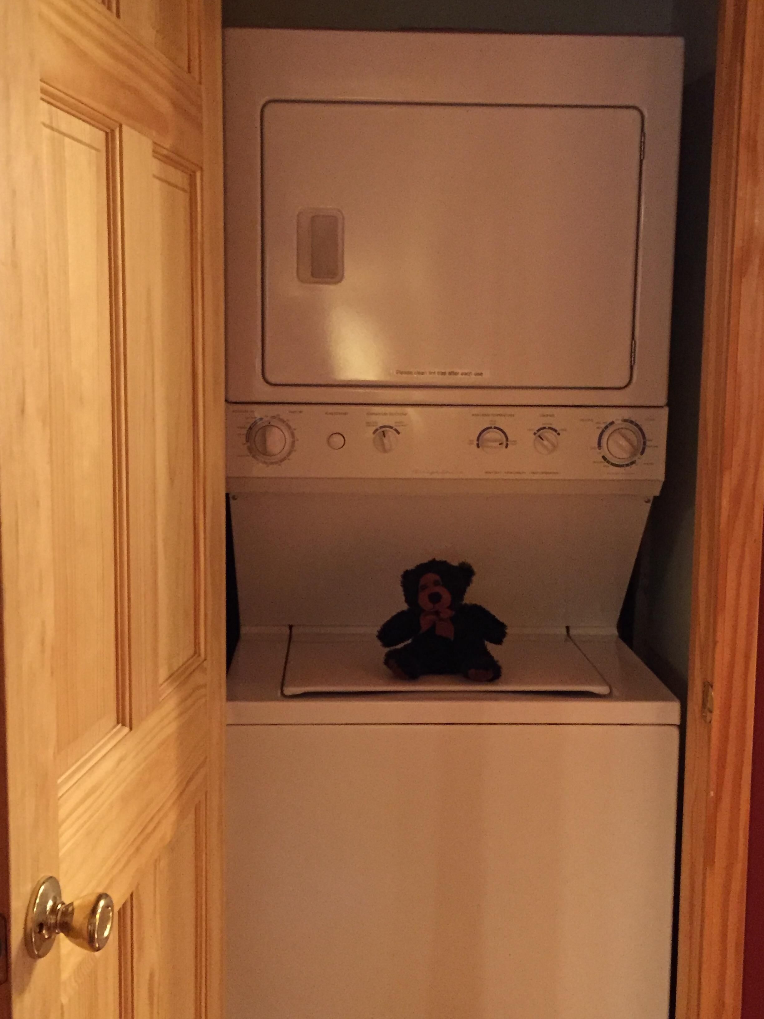 Un petit espace buanderie fermé, avec un lave-linge et un sèche-linge blancs, une porte en bois et un ours en peluche posé sur le sèche-linge.