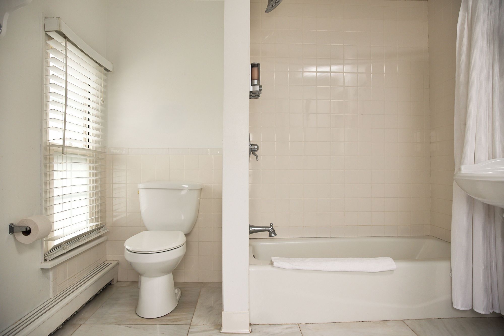 A bathroom with a toilet, a bathtub, and a shower.