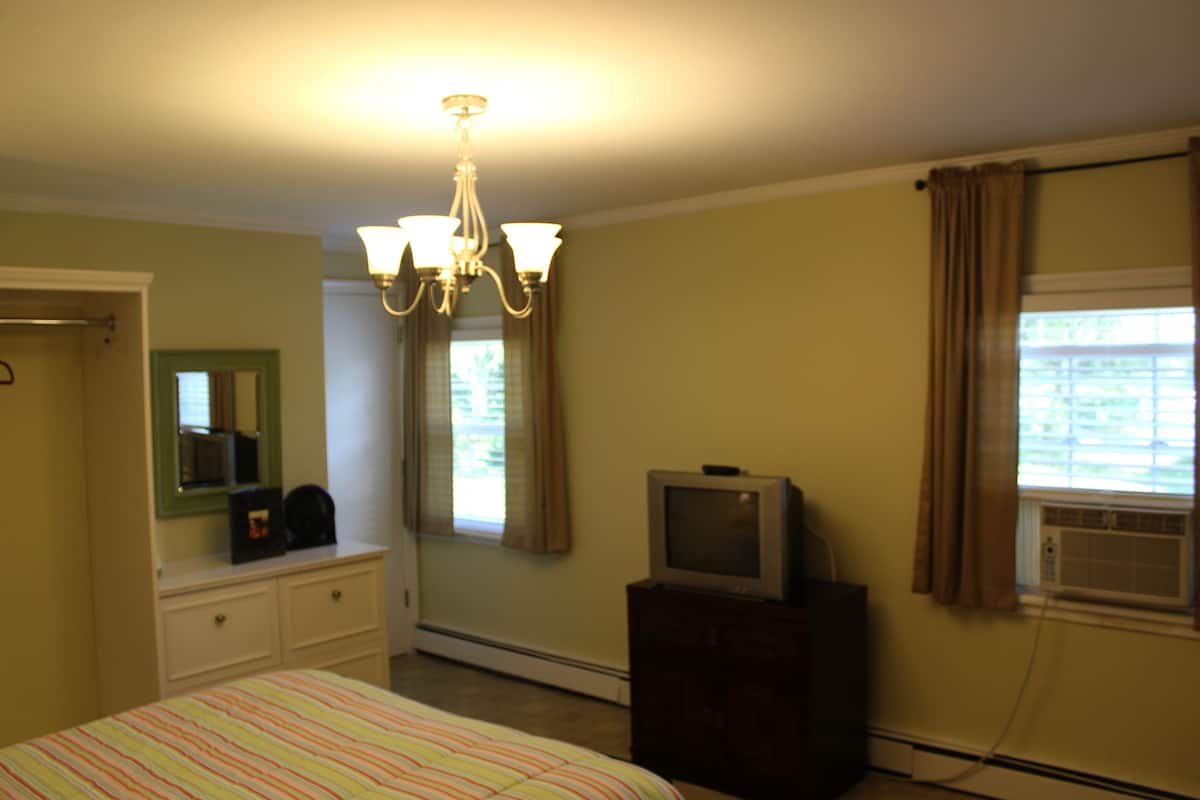 A bedroom with a bed, dresser, television, and a window with curtains.