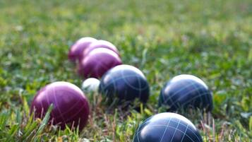 A grassy area with several spherical objects, a building in the background, and a clear sky.