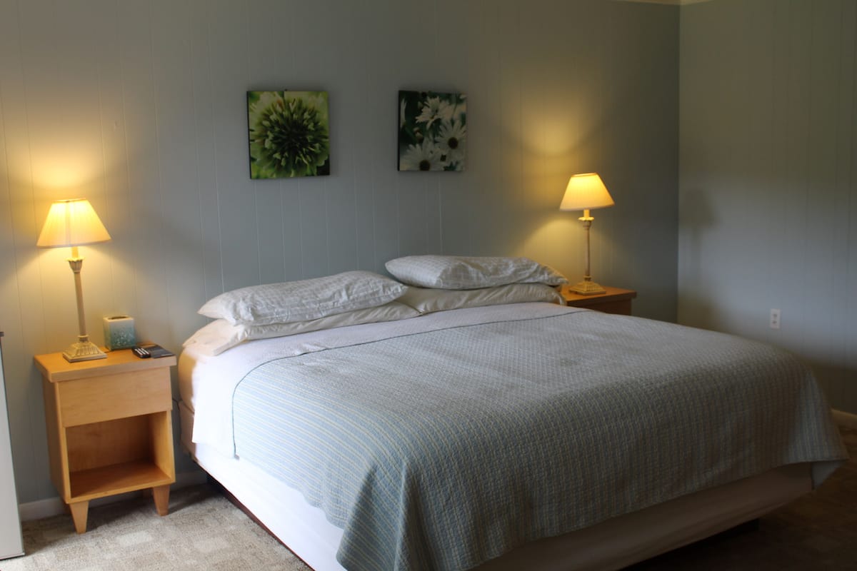 A bedroom with a bed, two bedside tables, and two wall-mounted lamps.
