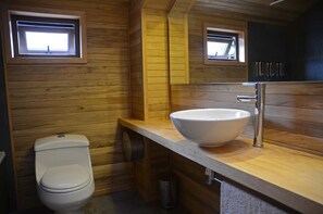 Un baño de cabaña de madera con un inodoro, un lavamanos grande y dos ventanas.