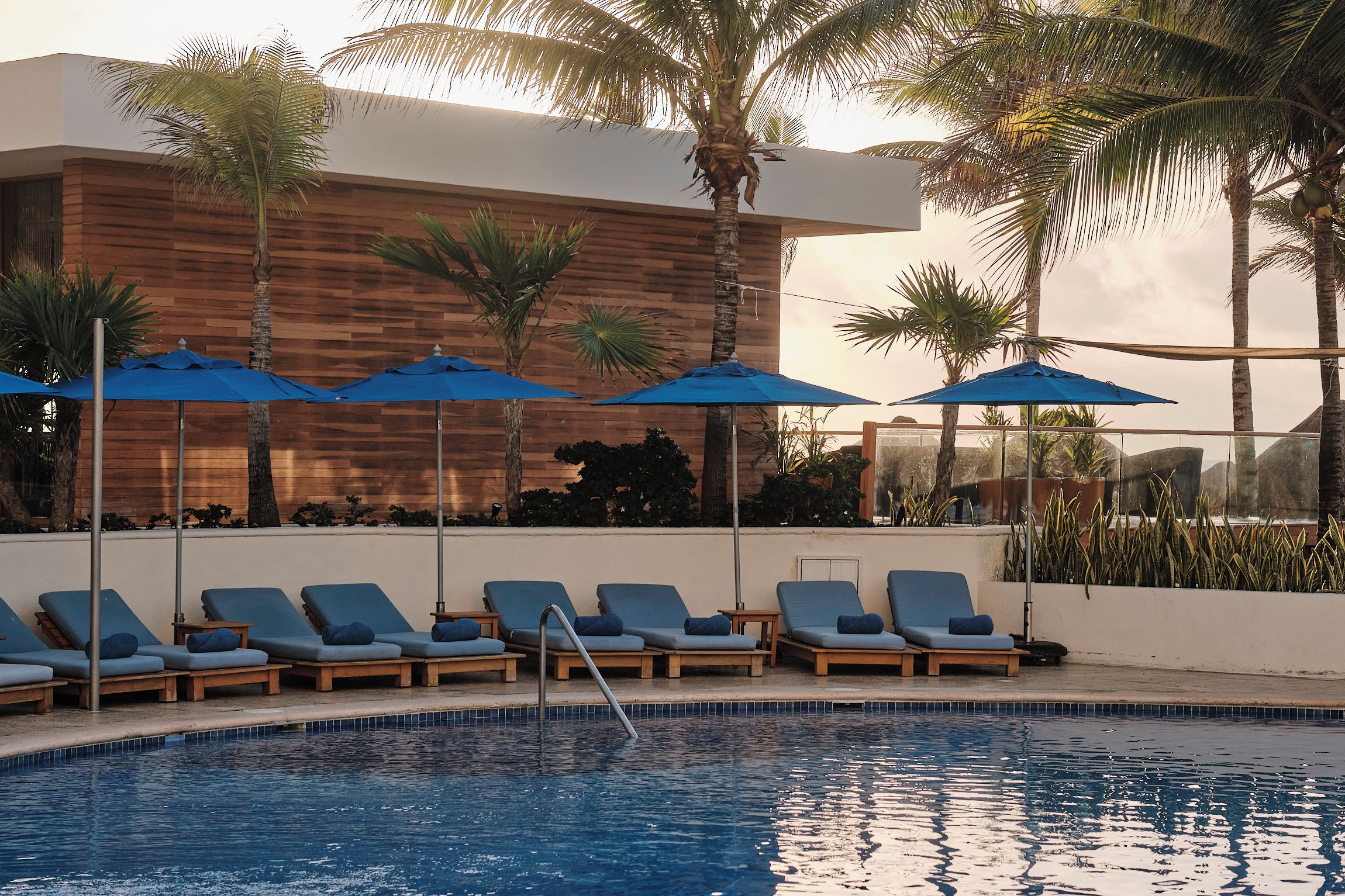 A pool area with lounge chairs and umbrellas, surrounded by palm trees and a modern building.