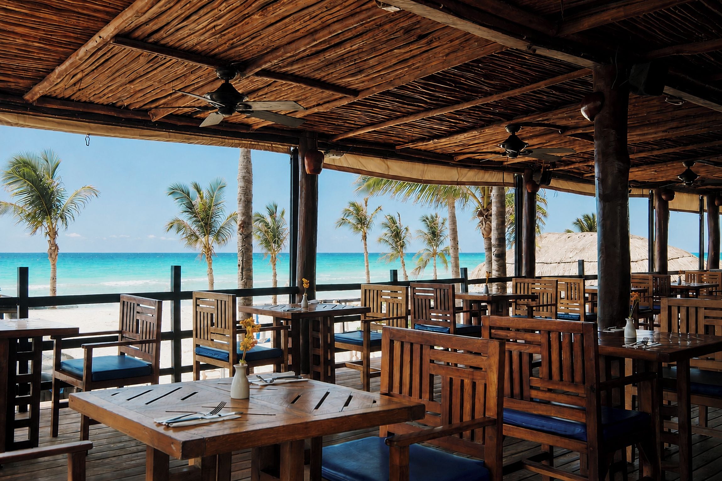 Un restaurante al aire libre con mesas y sillas de madera, con vista a una playa con palmeras y el océano.