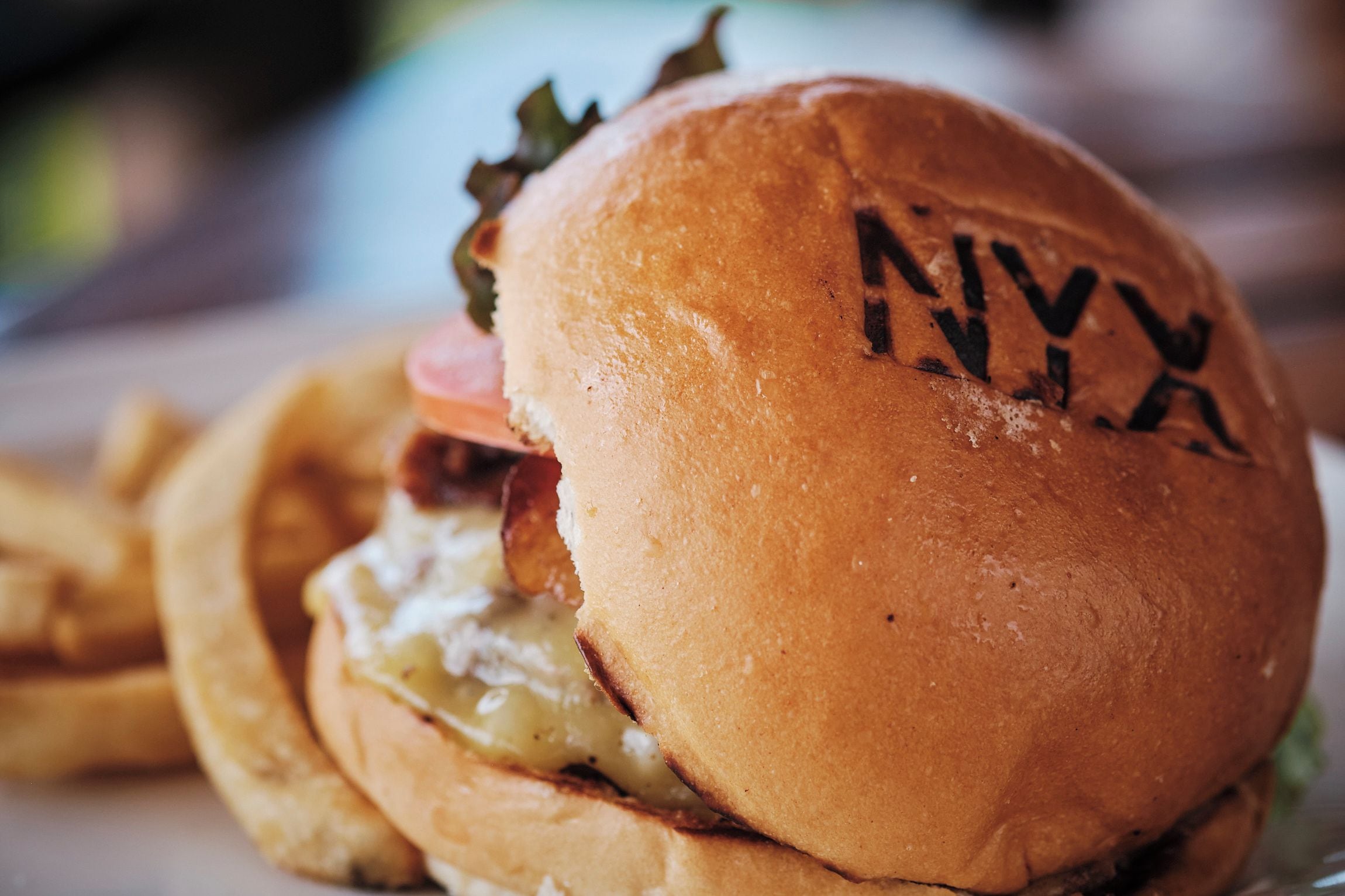 A sandwich with a bun, cheese, and meat, accompanied by fries.