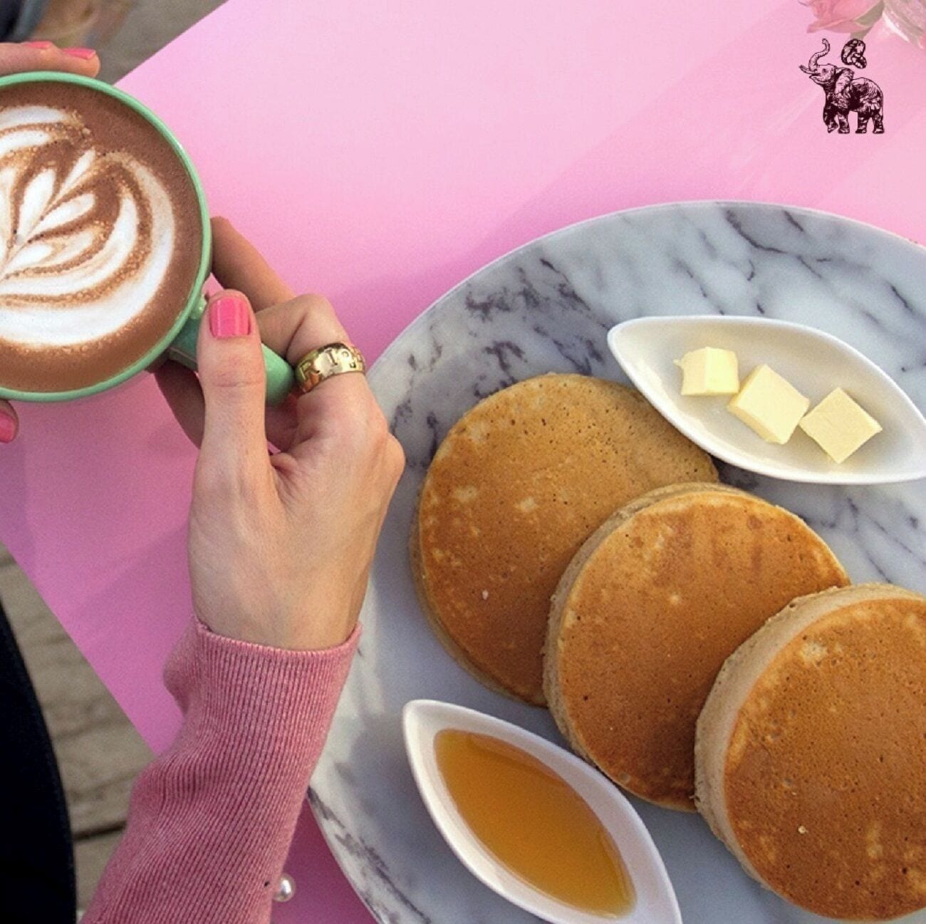 A hand holding a cup of coffee with latte art, a plate of pancakes, and small bowls of butter and syrup.