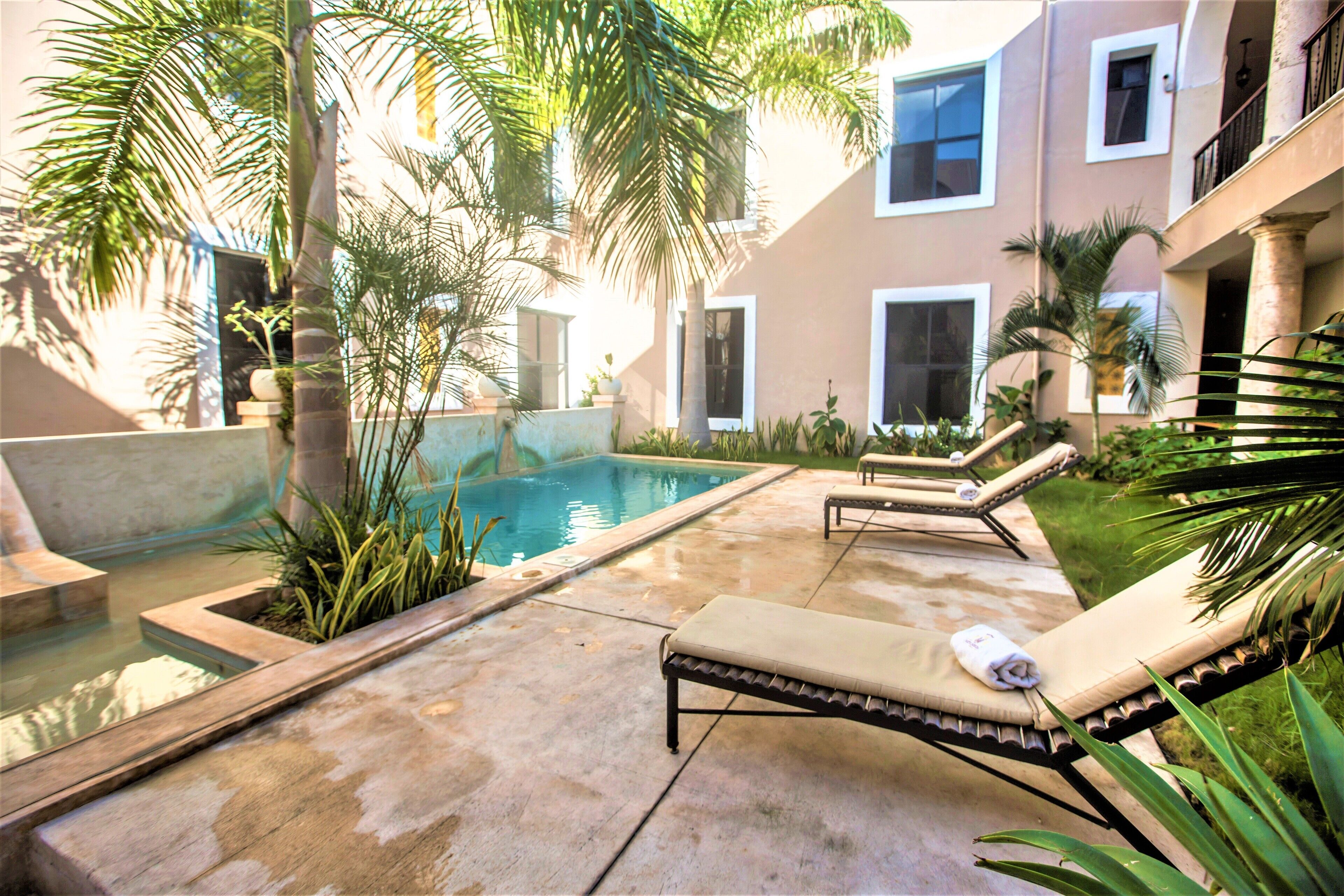 A pool area with lounge chairs and palm trees.