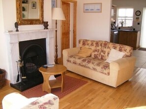 TV, fireplace, DVD player, books