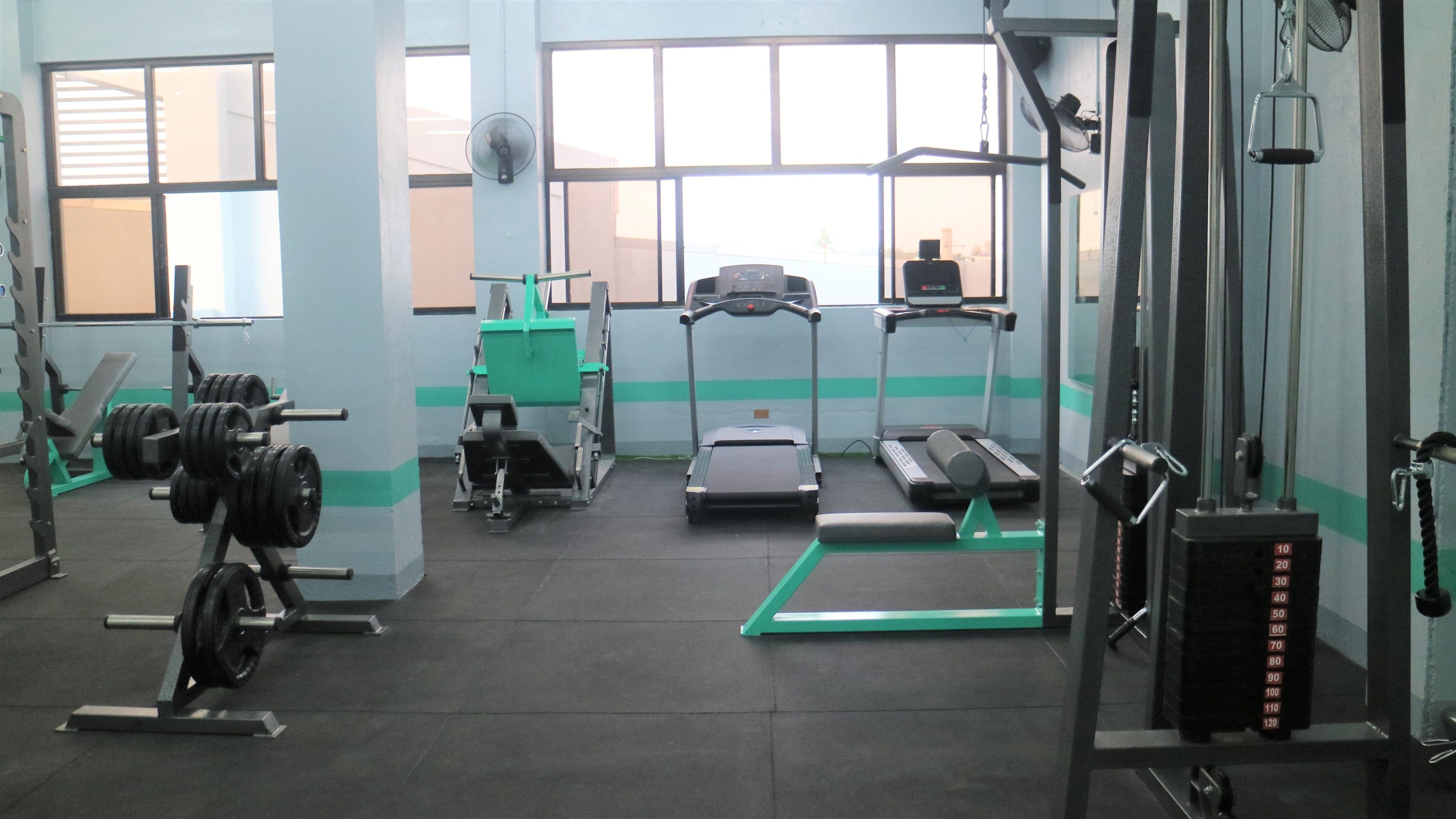 Une salle de sport équipée de matériel de musculation, de tapis de course et d’un tapis d’exercice vert.