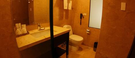 A modern bathroom with a marble sink, a toilet, and a glass shower enclosure.