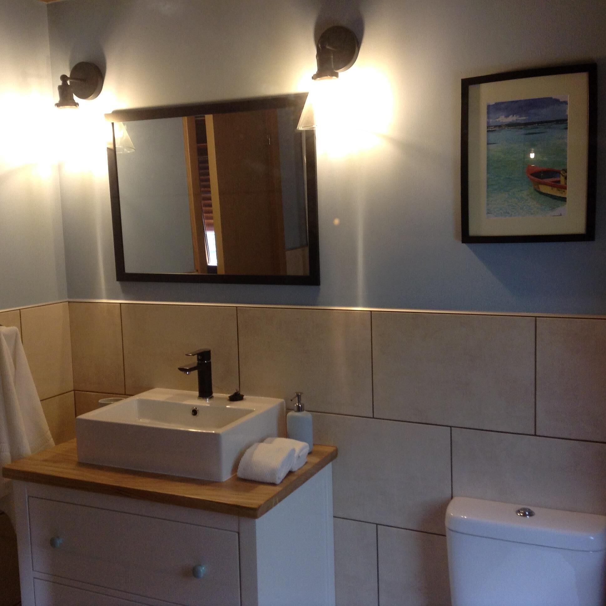 A bathroom with a rectangular sink, a mirror, and a framed picture of a boat on water.