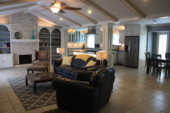 Smart TV, fireplace, books