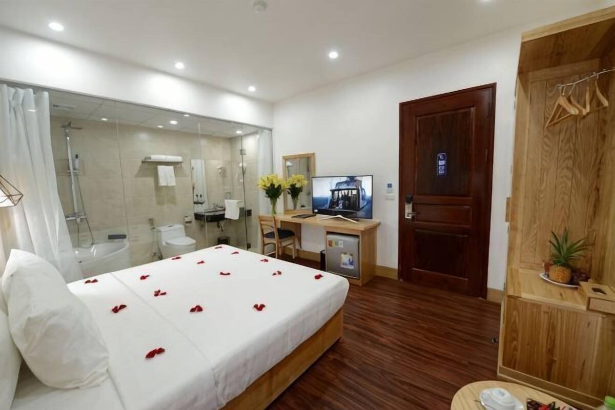 A hotel room with a bed, a desk, a television, a mirror, a wardrobe, and a shower area.