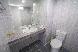 Bathroom features two sinks, a toilet, and a shower area with a handheld showerhead.