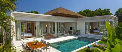 Outdoor pool, pool umbrellas, pool loungers