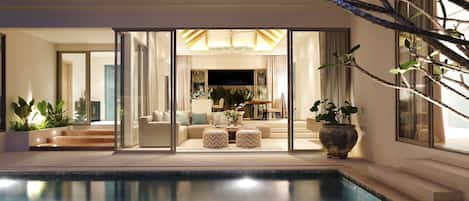 Outdoor pool, pool umbrellas, pool loungers