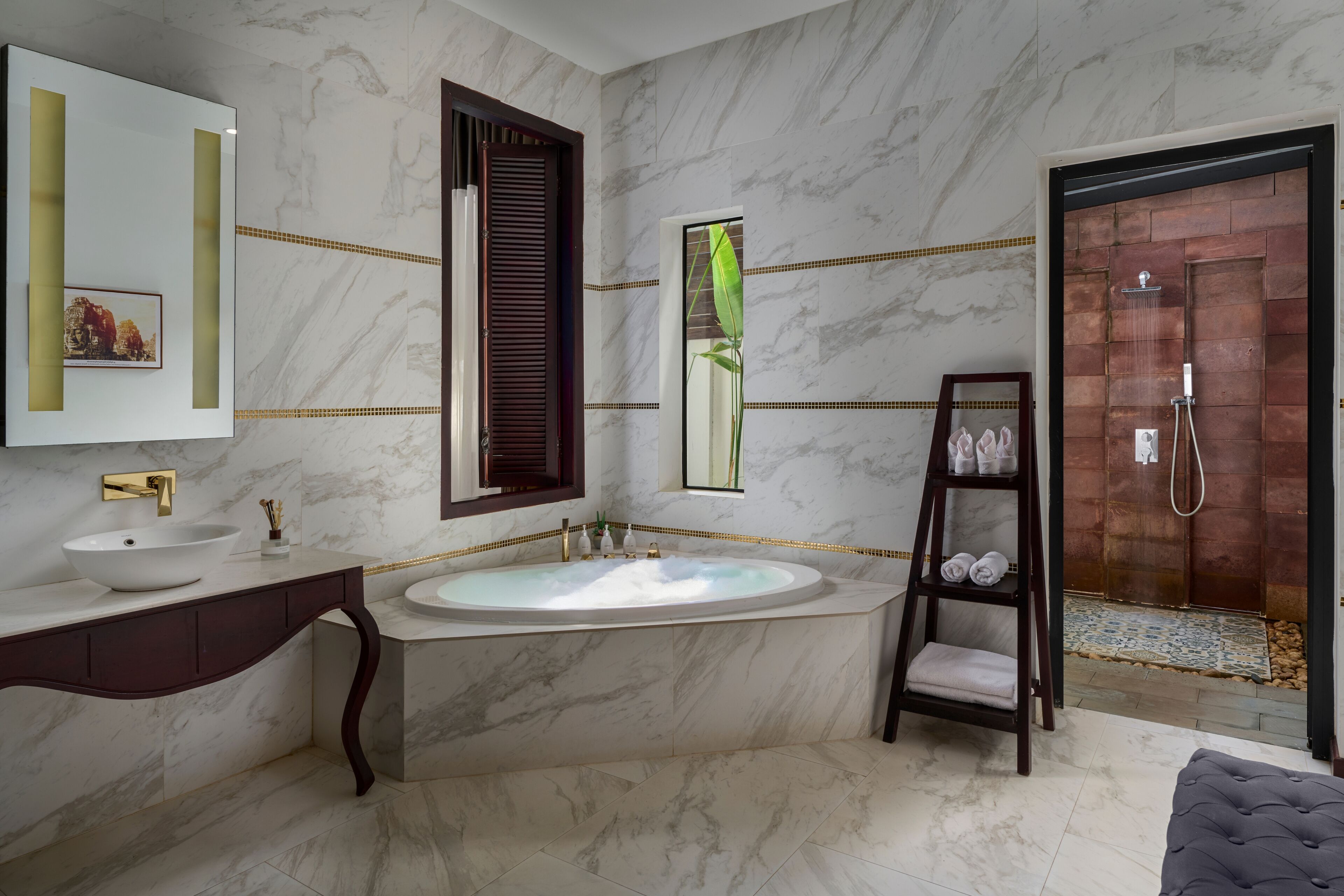 separate bathtub and shower, deep-soaking bathtub, rainfall showerhead