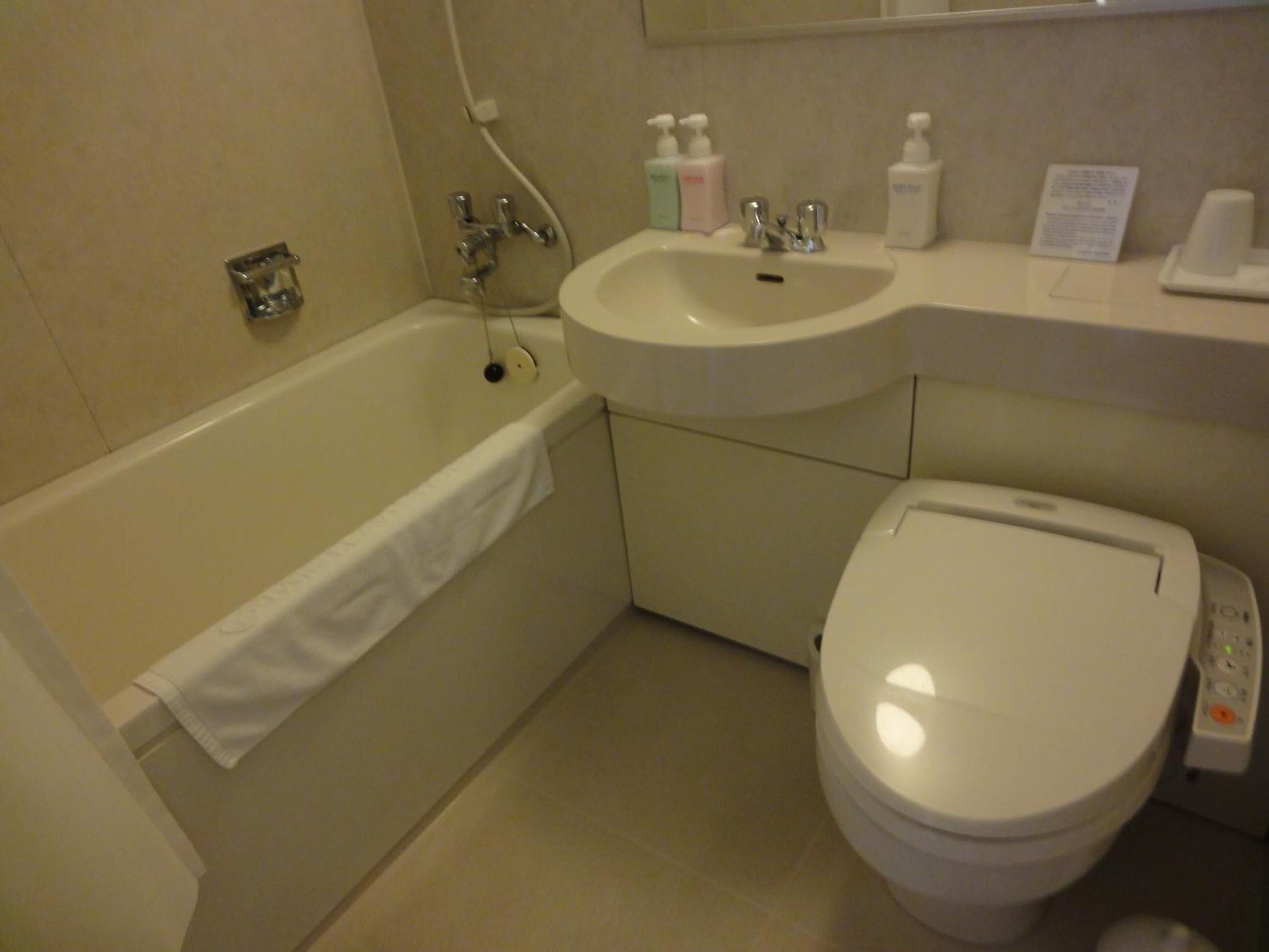 combined shower/bathtub, free toiletries, hair dryer, slippers