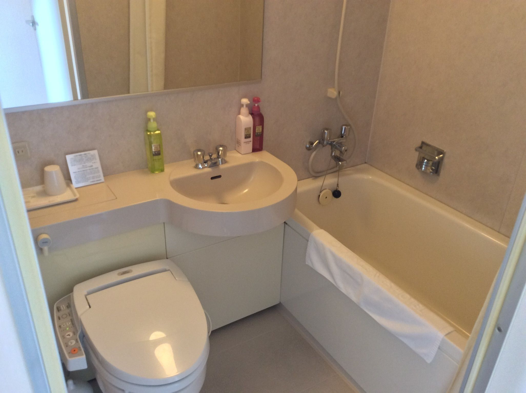 combined shower/bathtub, free toiletries, hair dryer, slippers
