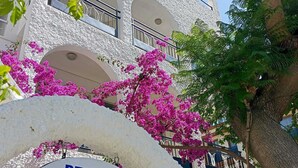 Schild für Pension Villa Fortin mit Bogenöffnung und rosa Bougainvillea-Blumen.