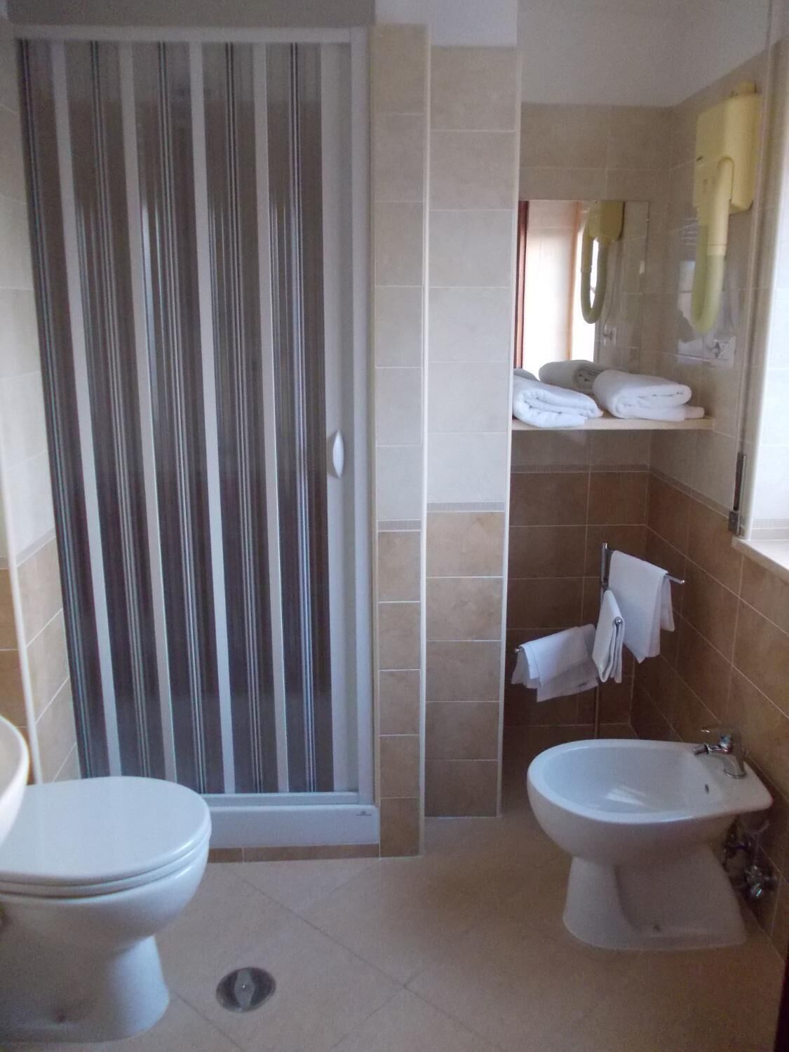 A bathroom with a toilet, a bidet, and a shower area.