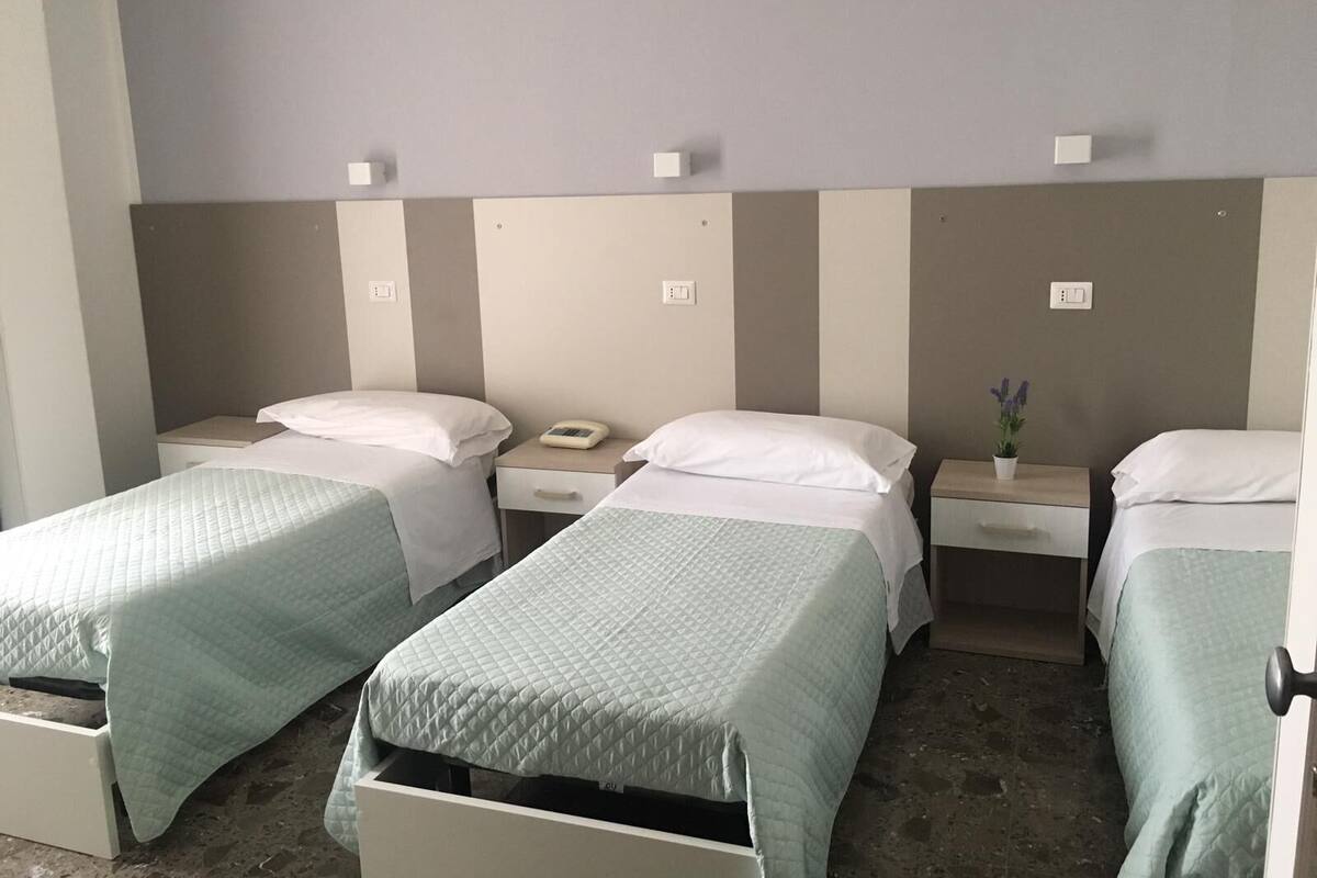 A hotel room with two single beds, each with a pillow and a bedside table. There is a small potted plant on one of the tables.
