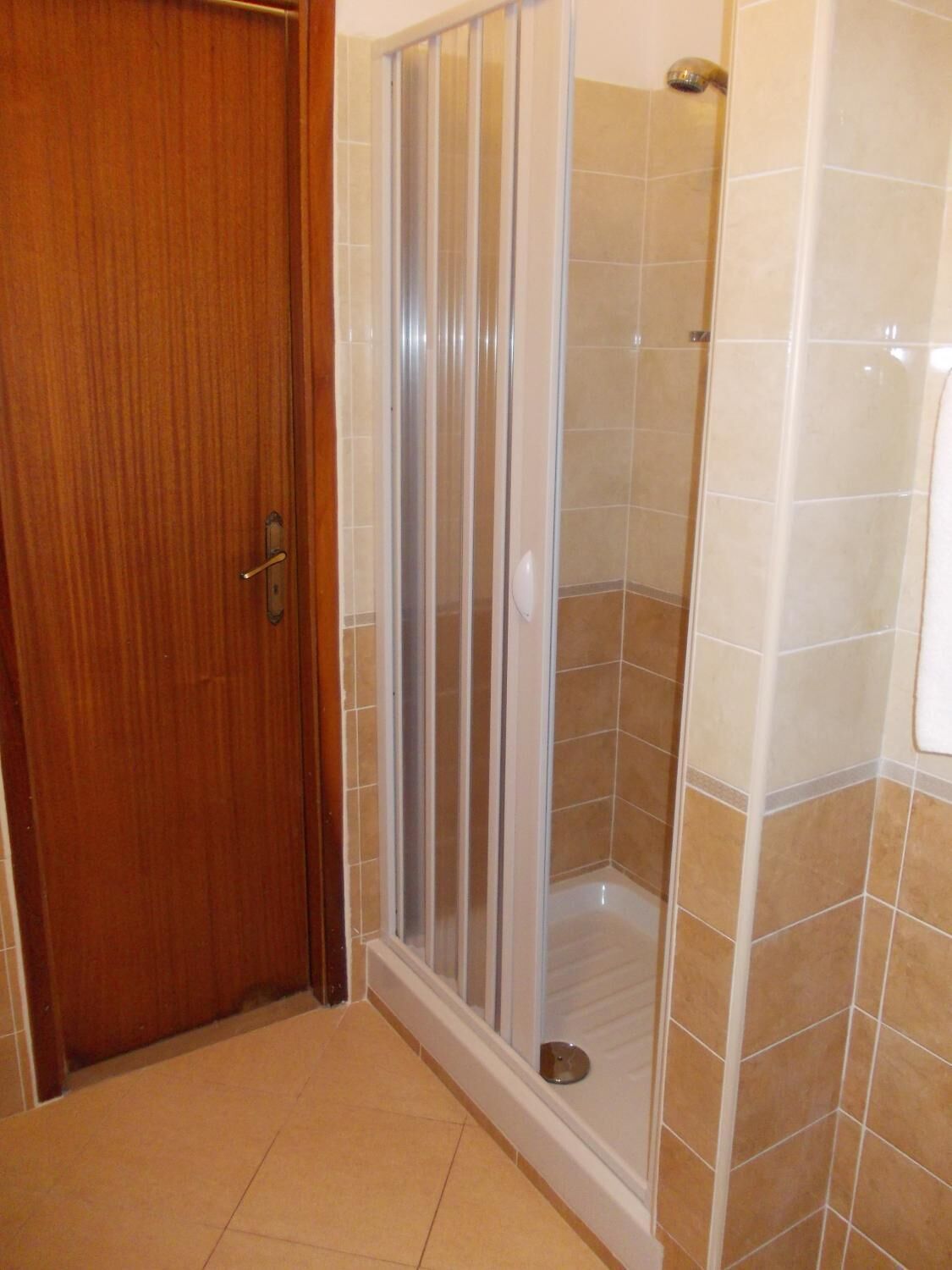A bathroom with a wooden door, a glass shower enclosure, and beige tiled walls.