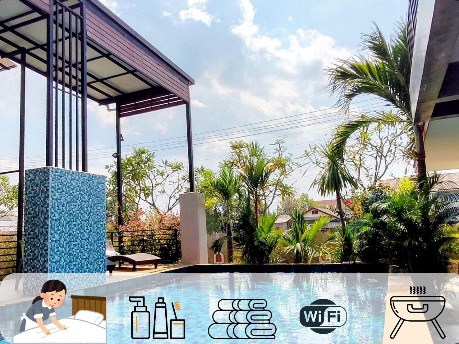 Outdoor pool, pool umbrellas, pool loungers