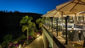 Una terraza en la azotea con asientos al aire libre, un camino de piedra y abundante vegetación.