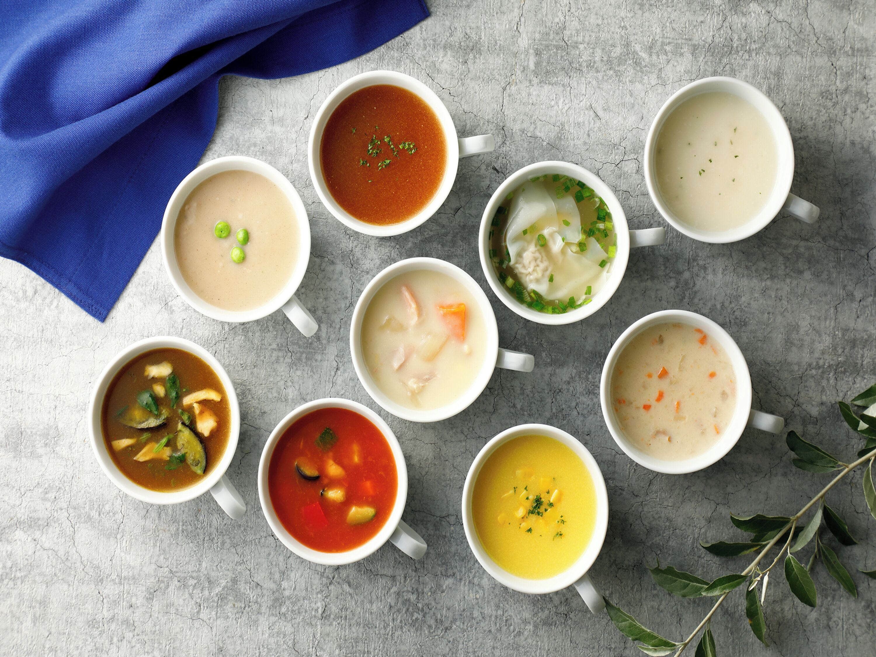 Nueve tazones de sopa sobre una superficie texturizada, con un paño azul y hojas verdes al fondo.