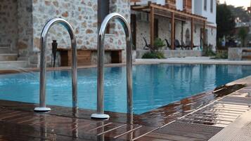Outdoor pool, pool umbrellas, pool loungers