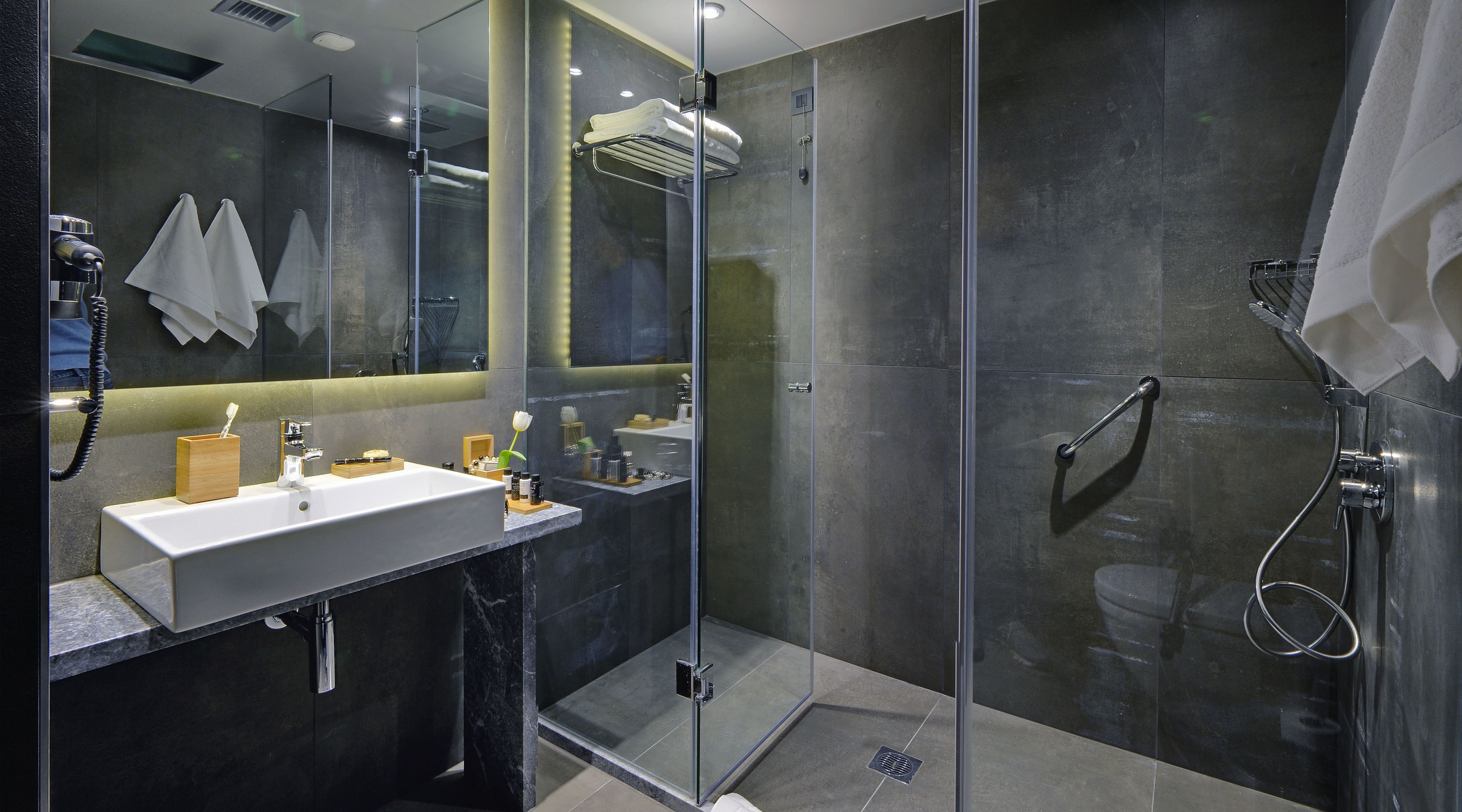 shower, rainfall showerhead, free toiletries, hair dryer