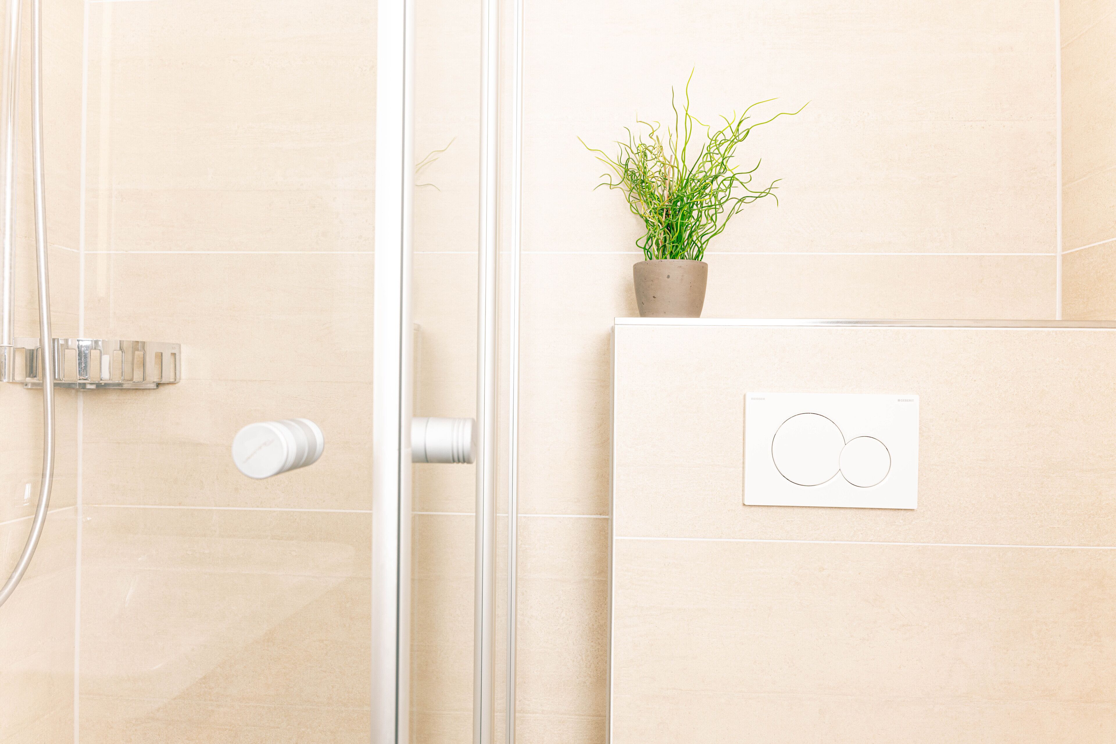 Ein Badezimmer mit Dusche, Blumentopf und Bedienfeld.