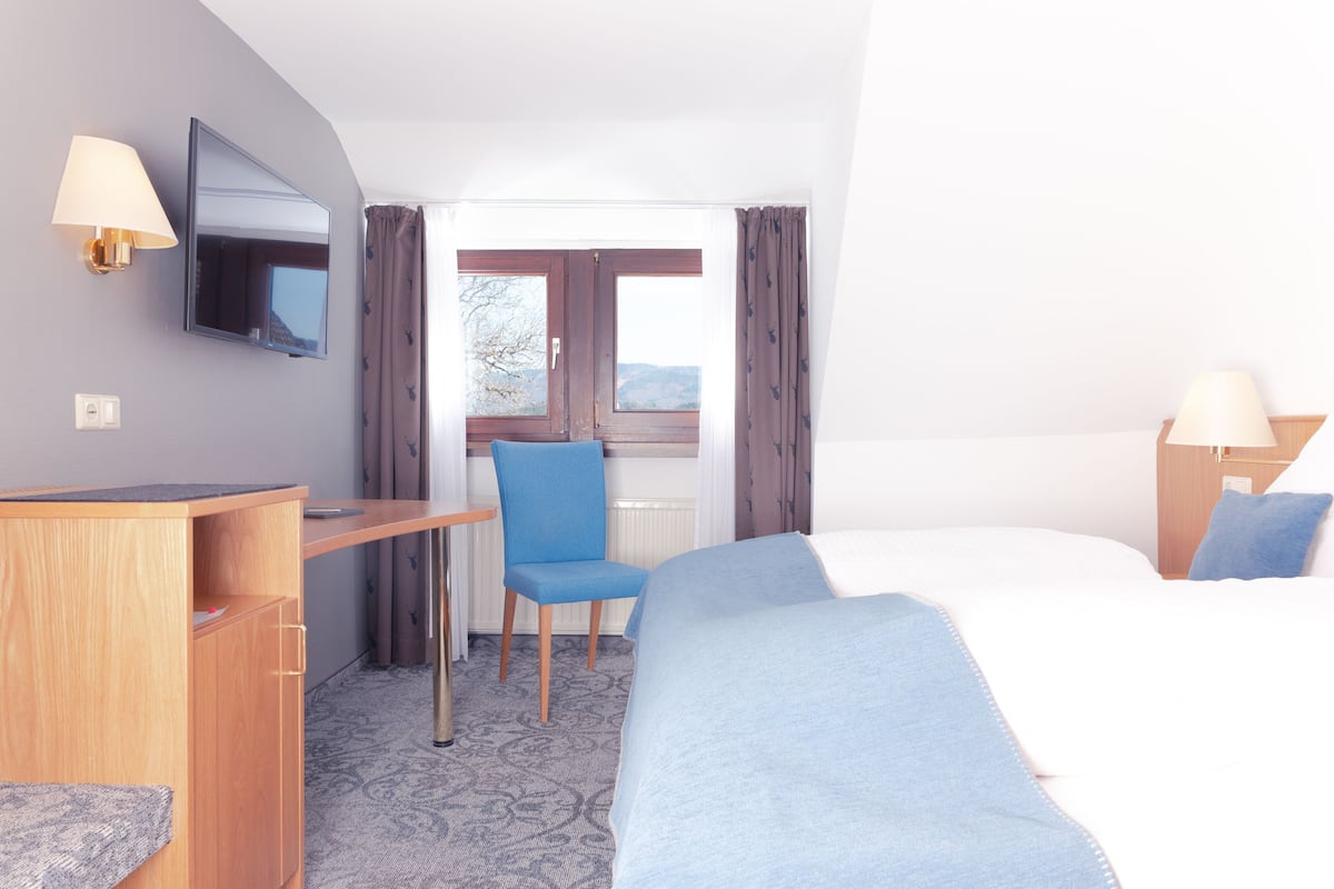 A hotel room with a bed, a desk, a chair, a television, and a window with curtains.