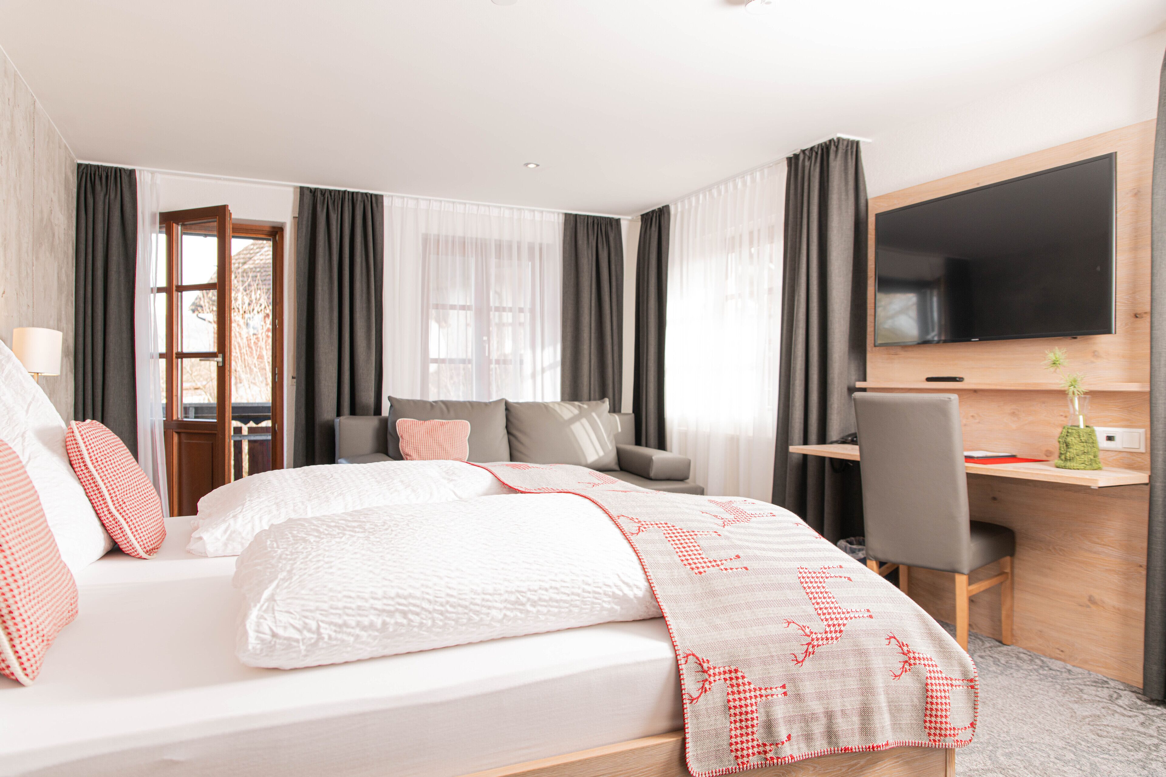 comfort double room | premium bedding, desk, laptop workspace, blackout curtains