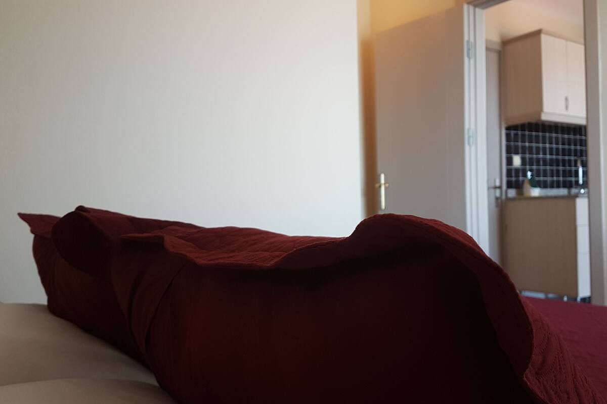 A room with a bed covered in a red blanket, a white wall, and a door leading to a kitchen area.