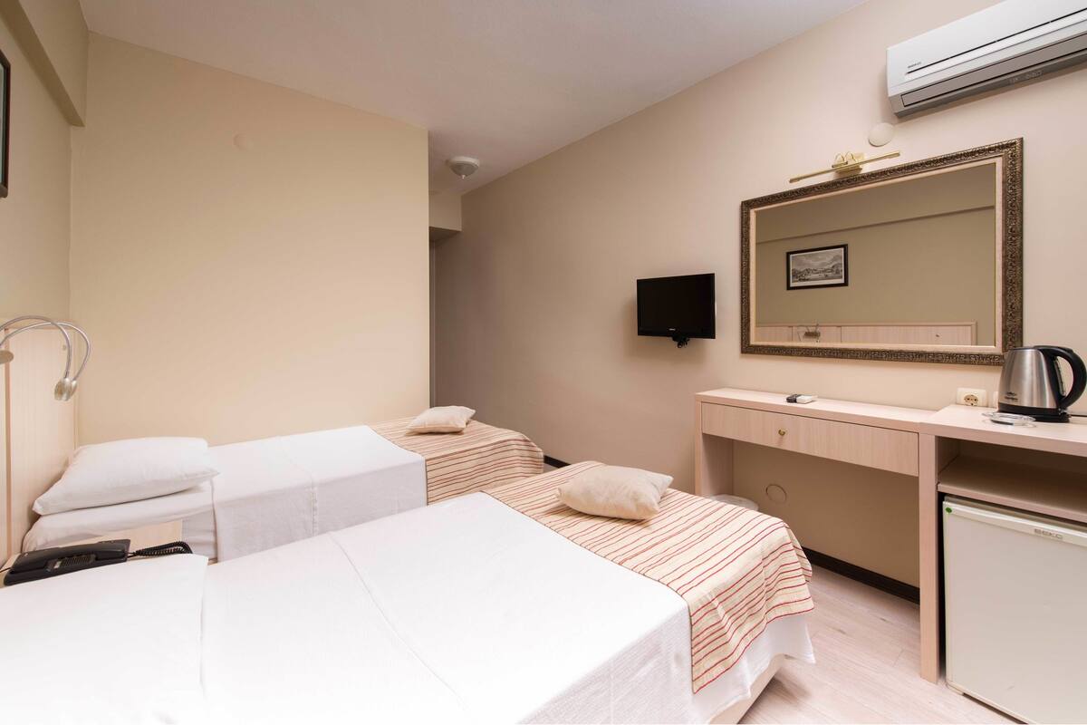 A hotel room with two beds, a desk with a mirror, a television, and a small refrigerator.