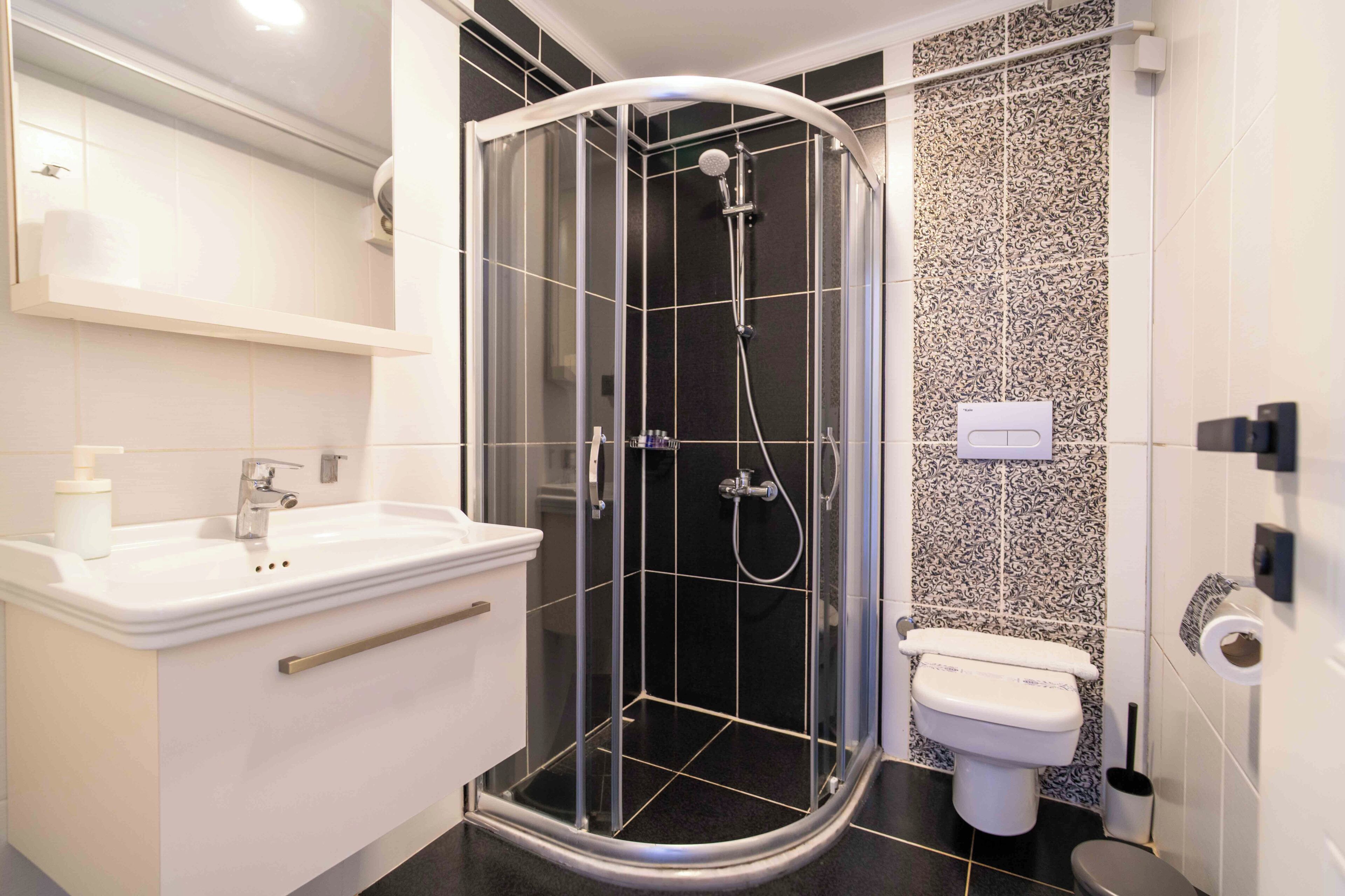A modern bathroom with a glass-enclosed shower, a white sink, and a toilet.