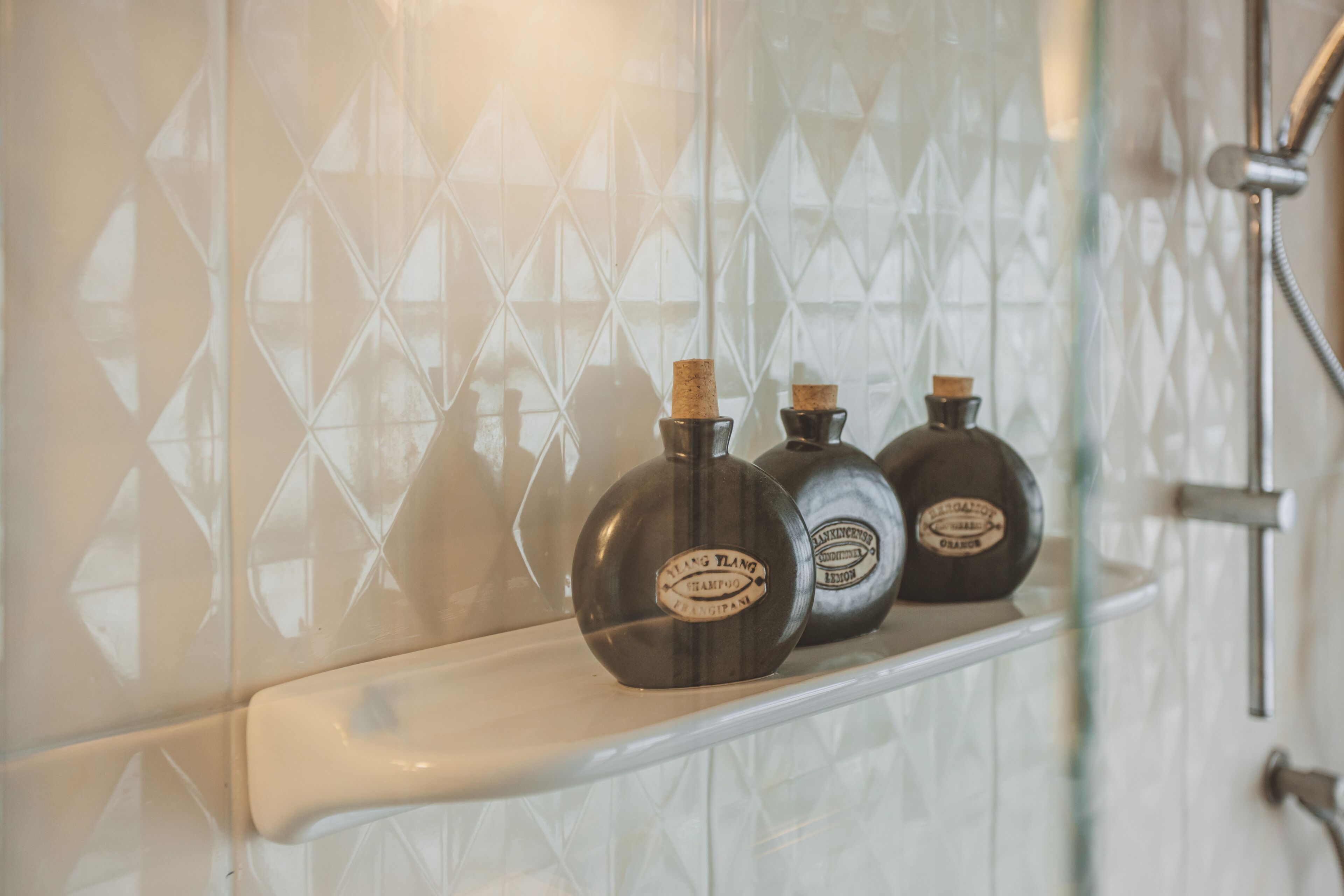Une salle de bain avec une douche à parois de verre et une étagère contenant trois bouteilles de shampoing et d’après-shampoing.