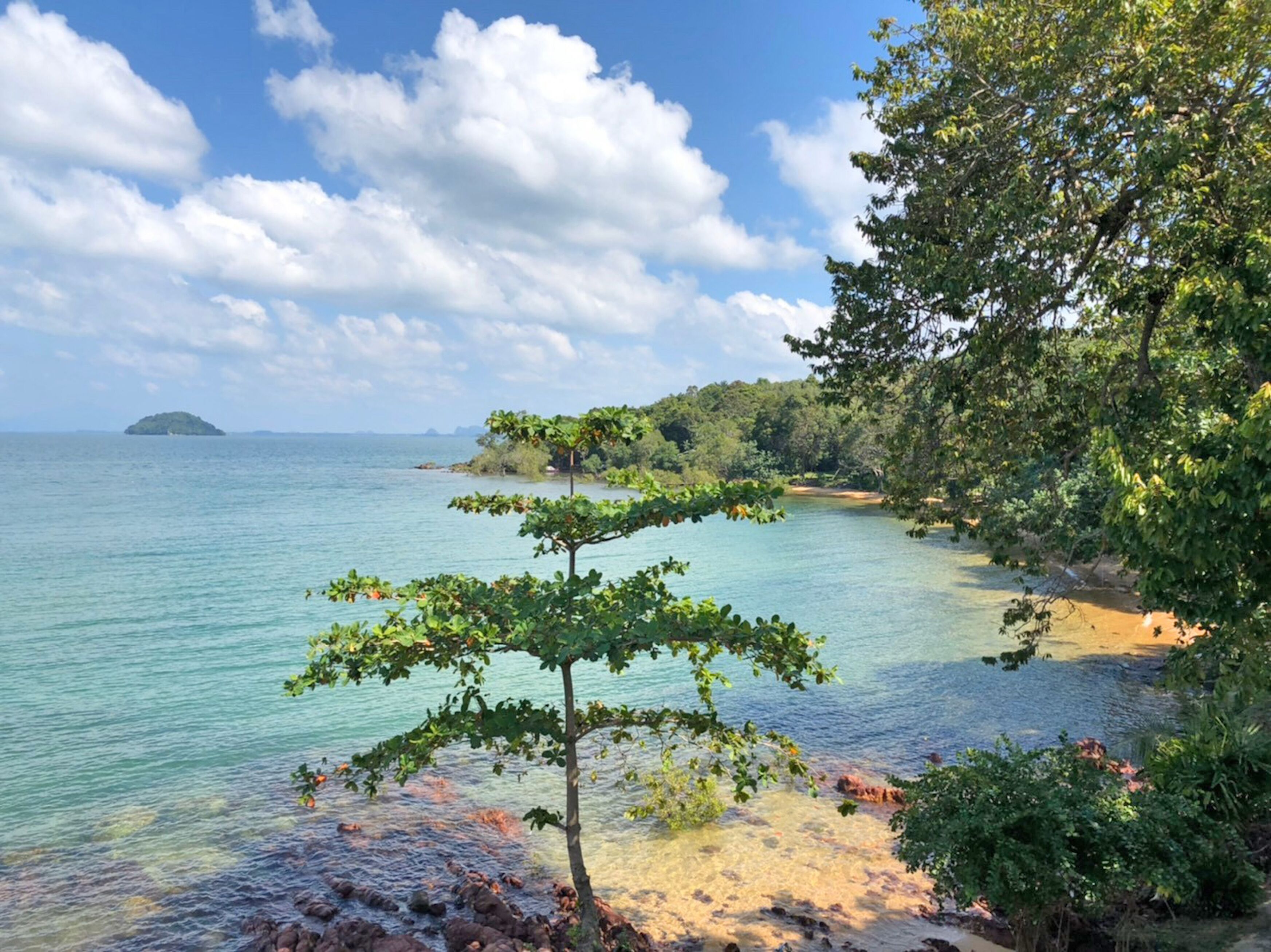 Een kustlandschap met helder turquoise water, een zandstrand en weelderige begroeiing.