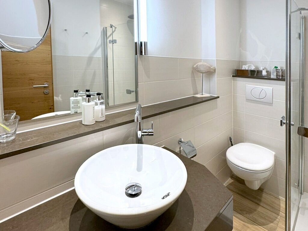 Een moderne badkamer met een groot wastafel, een douchecabine van glas en een toilet.