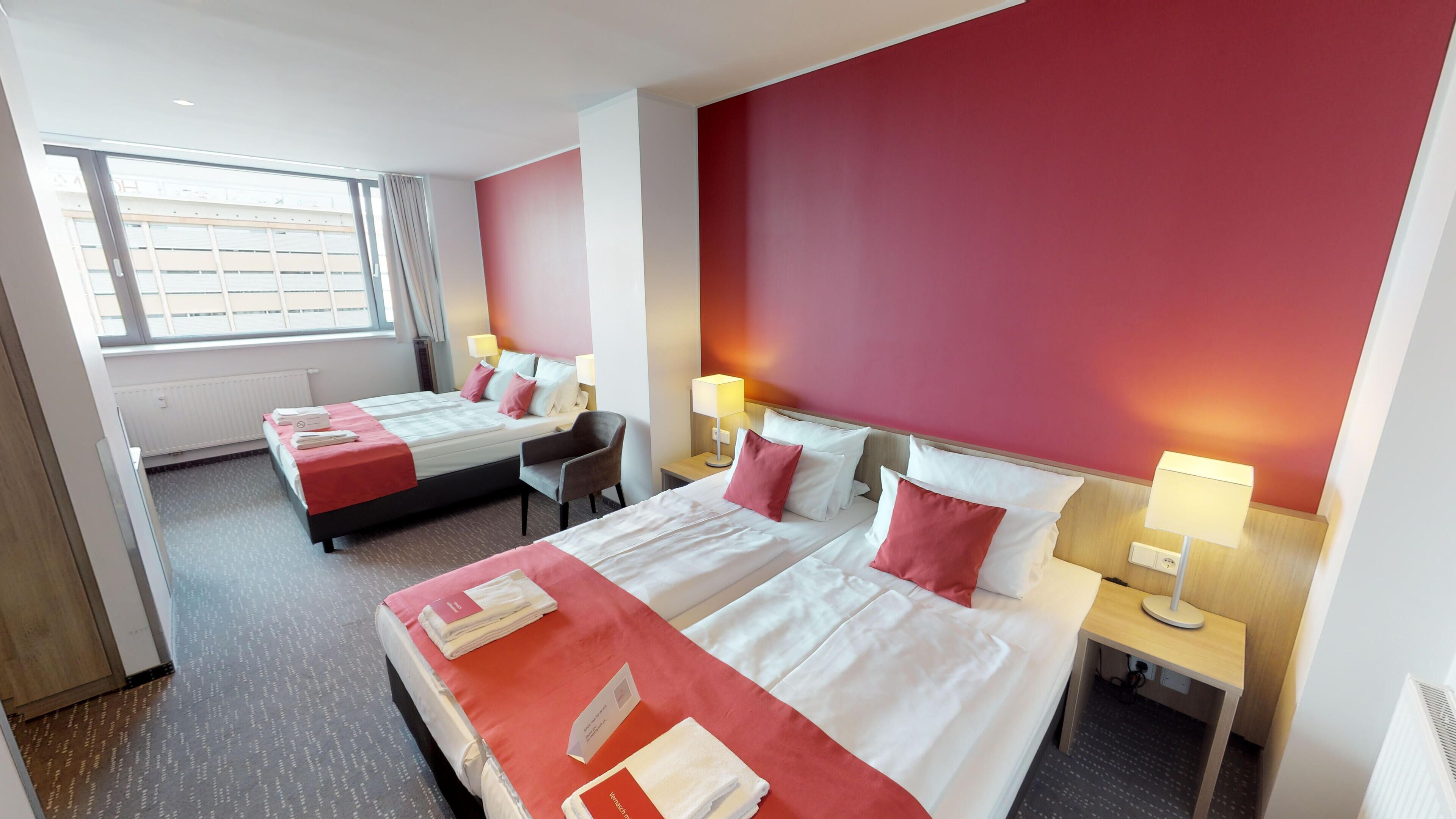 family room | premium bedding, desk, blackout curtains, soundproofing