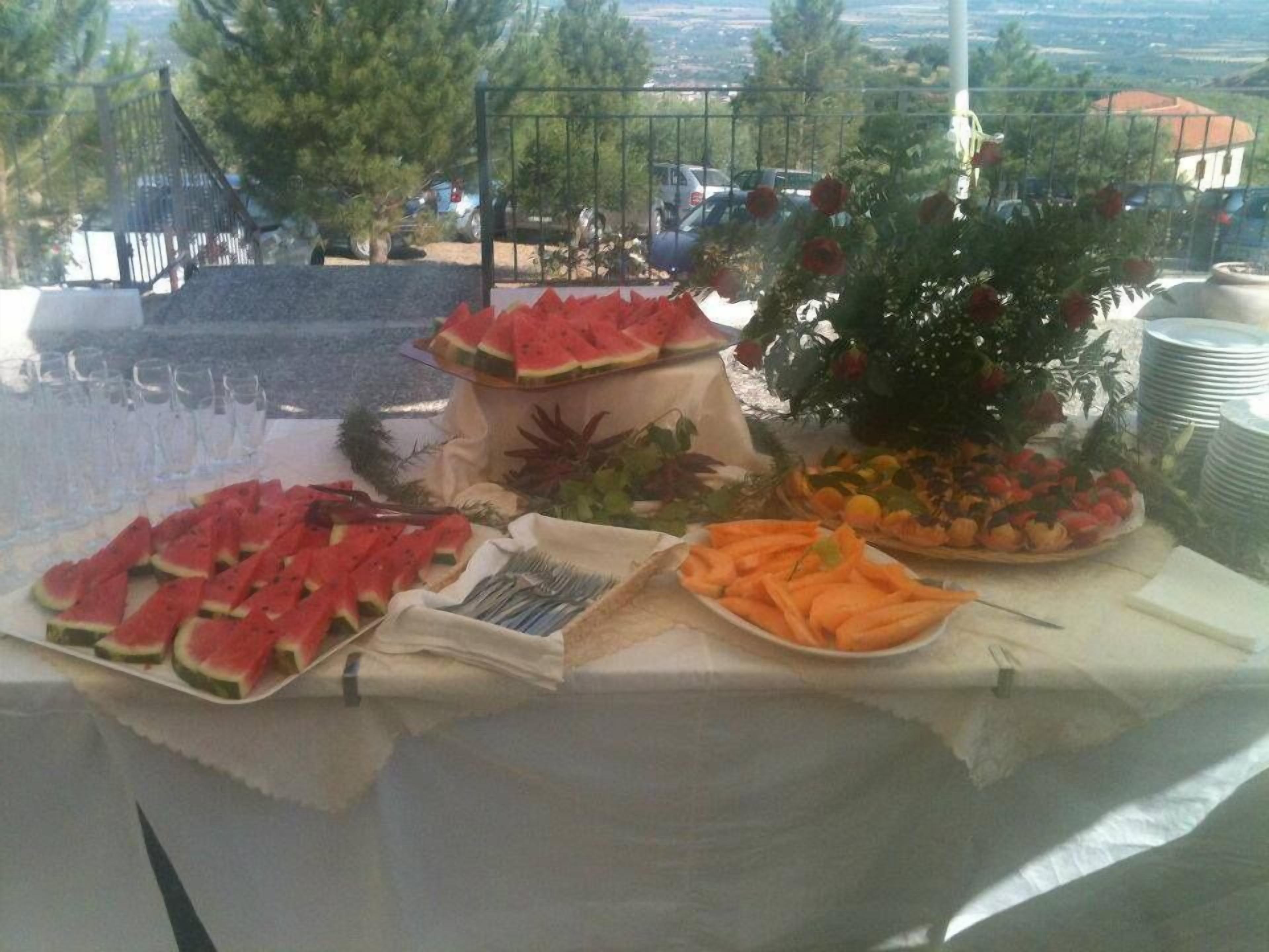 A buffet table with various fruits and vegetables, including watermelon and carrots, set up outdoors with a view of a mountainous landscape in the background.
